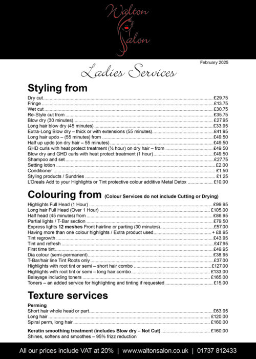 Waltons PRICE LIST for WEB 2k25